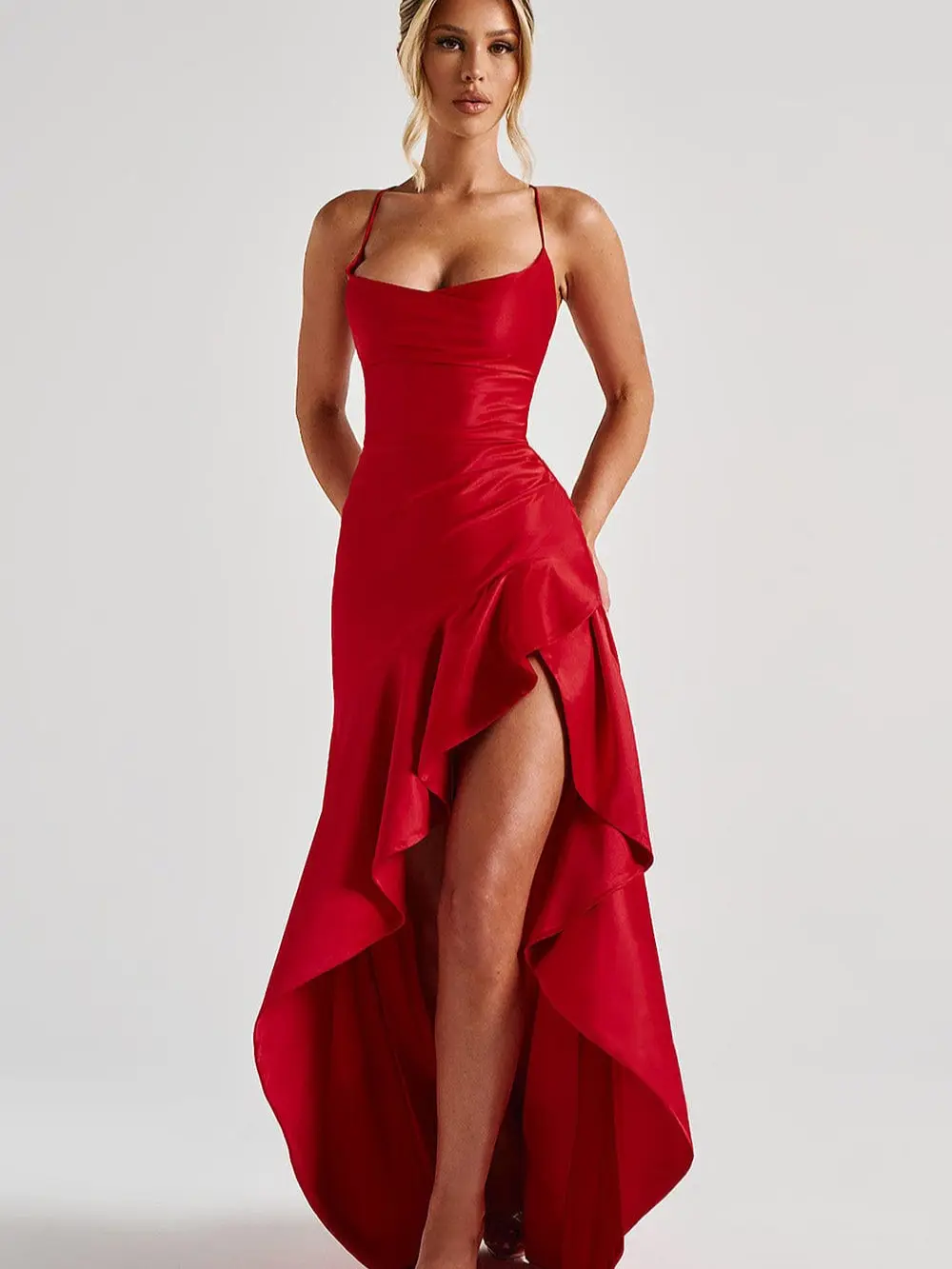 2026 NEW Women's Chic Formal Red High-Low Dress with Asymmetrical Hem, Ruched Detailing for Special Occasions