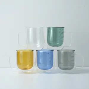 Double Layer Insulated Glass Cup with Handle - 8.45 oz (250ml) Reusable Green Drinkware, Colorful Interior Stylish Tumbler, Multiple Colors, Father's Day Gift for Water & Coffee, Home & Office Kitchenware