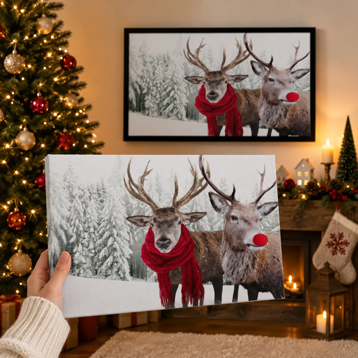 Winter Snow Forest Reindeer Horizontal Canvas Wall Art, Rudolph Red Nose & Red Scarf Stag Photograph Print, Minimal Neutral Christmas Farmhouse Living Room Bedroom Holiday Wall Decor