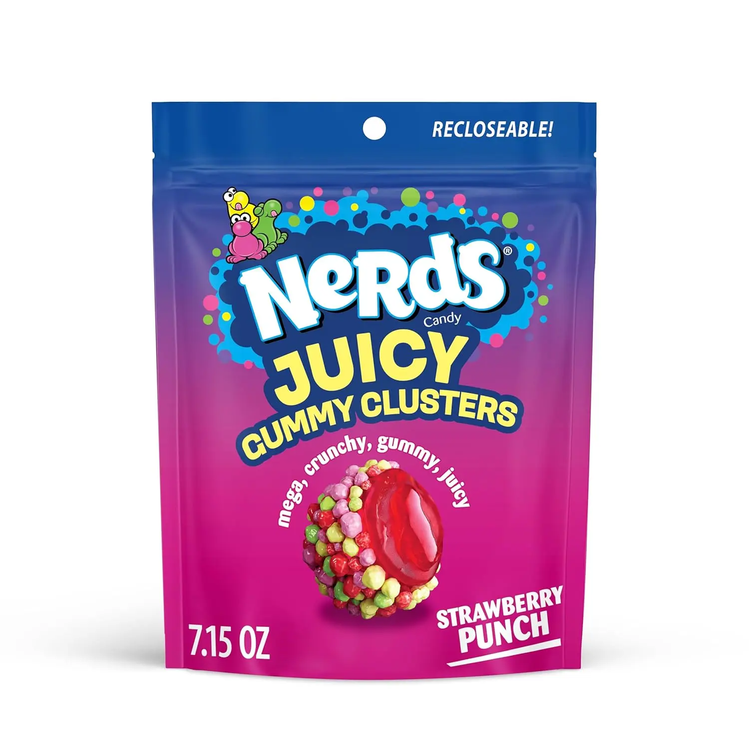 NERDS Juicy Gummy Clusters Strawberry Punch Candy, Stand-Up Bag, 7.15 oz | Triple-texture crunchy gummy juicy, strawberry punch flavor, resealable stand-up bag, sharing, party, game night