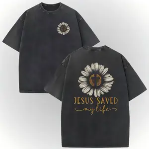 Jesus Saved My Life Flower Cross Printed T-shirt, Women's Casual Round Neck Short Sleeve Top, Soft Fabric, White with Black and Gold Pattern Design