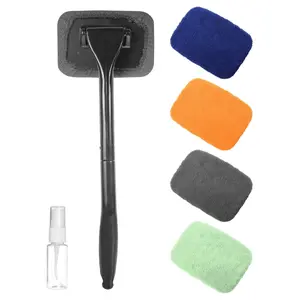 Car Windshield Cleaning Tool with Long Handle – Microfiber Auto Glass Cleaner Kit with Spray Bottle & 4 Reusable Pads for Interior & Exterior Windows