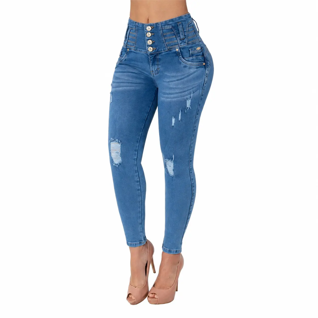 Lady Women's High-Waist Stretchy Butt Push-Up Denim Jeans - Distressed Light Blue, Lightweight Button Fabric, Slim Skinny Comfortable Fit, Pocket Detail, Heart Bottom (TK457)