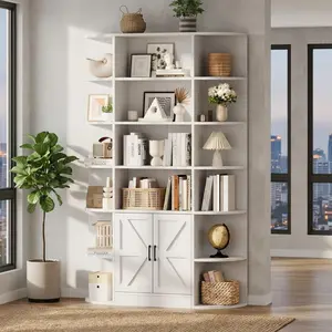 Modern 75" Tall Bookcase, 6-Tier Bookshelf with Storage Cabinet & Doors, Wooden Standing Display Shelf Organizer for Home Office, Living Room, Bedroom