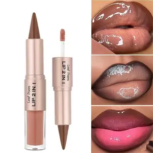 2-in-1 Dual-Ended Lip Gloss & Lipstick, Hydrating, Long-lasting moisturizing formula, water-resistant matte & glossy effects, berry shades, anti-slip bullet design, suitable for light beige lip tones, available in eight colors, metallic cap