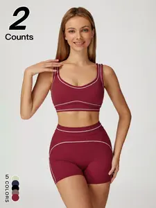 Women's Quick-Dry Tight-Fitting Colorblock Tracksuit Set, Outdoor Sports Casual Bra High-Waisted Colorblock Sport Shorts Set, Ladies Sportswear for Indoor Outdoor Wear, Yoga Gym Workout Running Wear, Sportswear Set, Fitness Sport Outfits