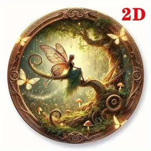 Magic fairy with tree round metal wall decoration, no electricity, pre-drilled for easy installation, 2D plane