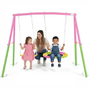 Mersco Heavy-Duty Metal Backyard Swing Set - 440lbs Capacity Stand, 32" Saucer Swing, 26.2" Belt Seat, Pink Playground Playset, Kids Outdoor Play Gear, Outdoor Stuff for Kids