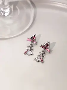 Sweet Cool Fishbone Shape Bow Stud Earrings, Cute Zircon Ear Dangles, Unique Design Jewelry, All Seasons Fashion Accessory