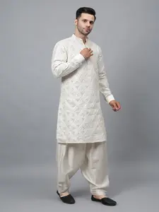 Men Off-white silk kurta with matching silk salwar | Best for cultural occasions