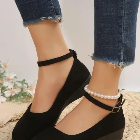Women's Fashionable Stylish Elegant Classy Solid Color Round Toe Wedge Platform High Heels Shoes, Casual Comfortable Breathable Shoes for Daily Wear, Lightweight Comfortable Commuter Walking Shoes Wedge Heeled Shoes Stylish Footwear