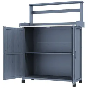 Gray outdoor wooden potting bench galvanized plated work surface double door storage cabinet inner double shelves tool hanging area weatherproof fir wood for backyard balcony garden plant care work
