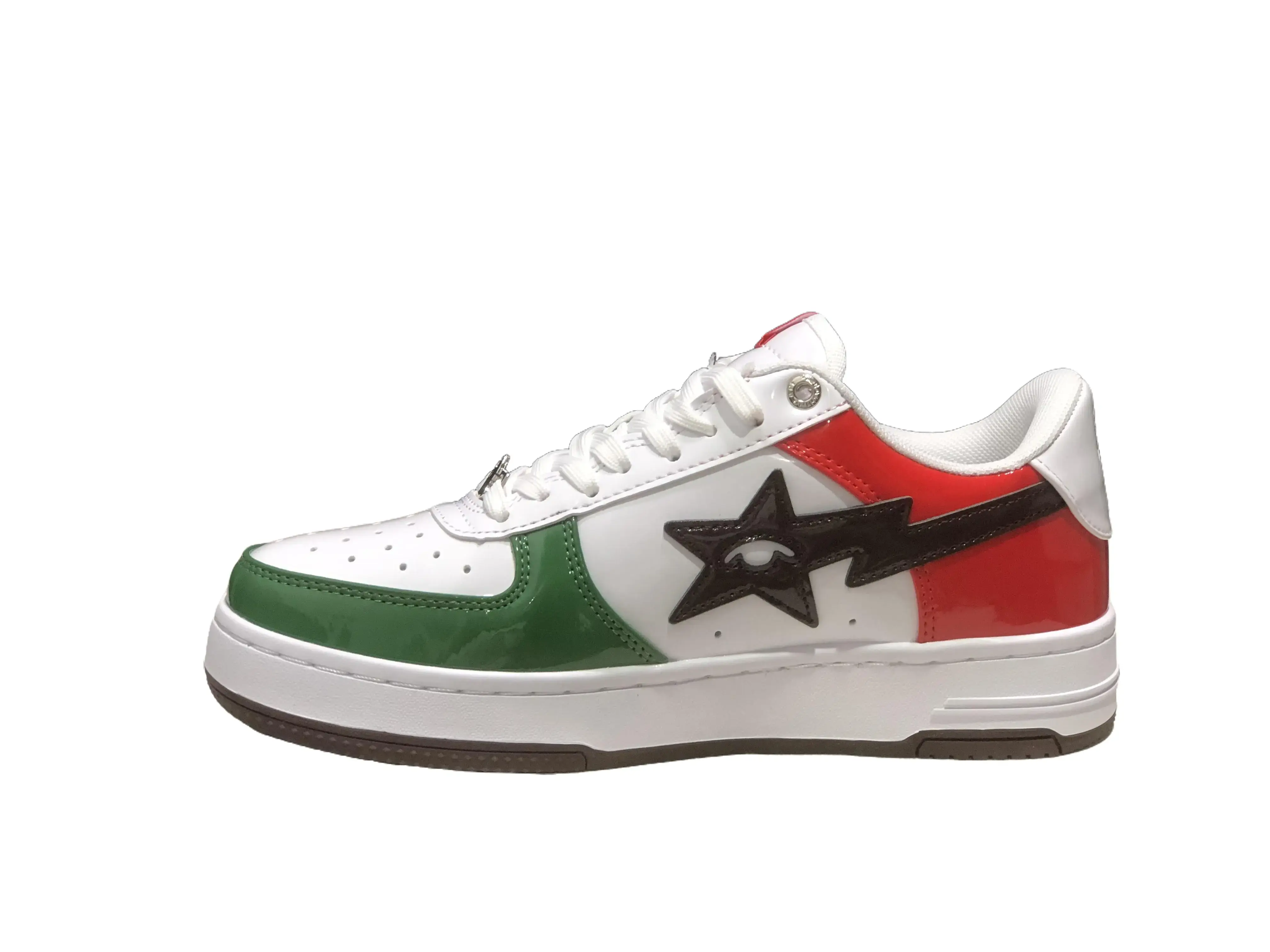 lightweight breathable smooth leather skate shoe vivid ivory scarlet grass green three tone design solid black lightning star side badge hard-wearing brown rubber outsole teen campus casual trainer