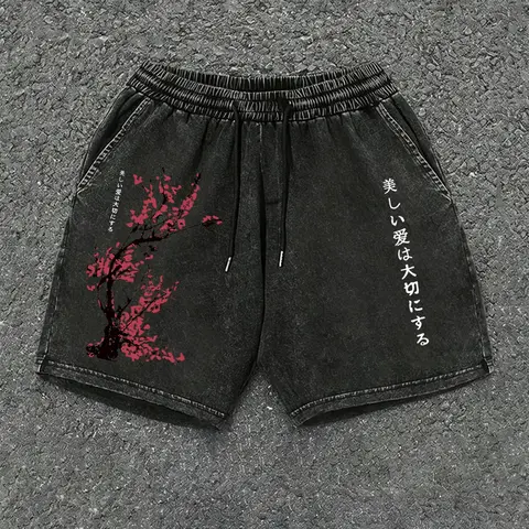 Japanese Cherry Blossom Print Washed Drawstring Gym Shorts, Streetwear Sports Shorts, Loose Fit Breathable Cotton, Men's Streetwear, Vintage Straight Leg Pants, Casual Sporty Shorts, Casual Fashionable Shorts, Athletic Fitness Shorts, Athleisure Shorts
