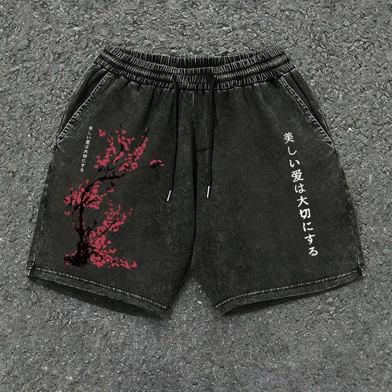 Japanese Cherry Blossom Print Washed Drawstring Gym Shorts, Streetwear Sports Shorts, Loose Fit Breathable Cotton, Men's Streetwear, Vintage Straight Leg Pants, Casual Sporty Shorts, Casual Fashionable Shorts, Athletic Fitness Shorts, Athleisure Shorts