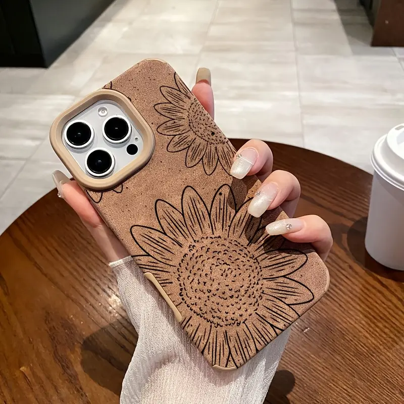 Artistic Triple Sunflower Pattern Luxury Matte Lambskin Faux Leather Smartphone Cover - 1.2mm Slim Fit, No Bulk, Anti-Slip, Shockproof, Full Camera Protection, Durable Silicone Protective Accessory for iPhone 16,15,14 Pro Max,13,12,11,XR,XS Plus