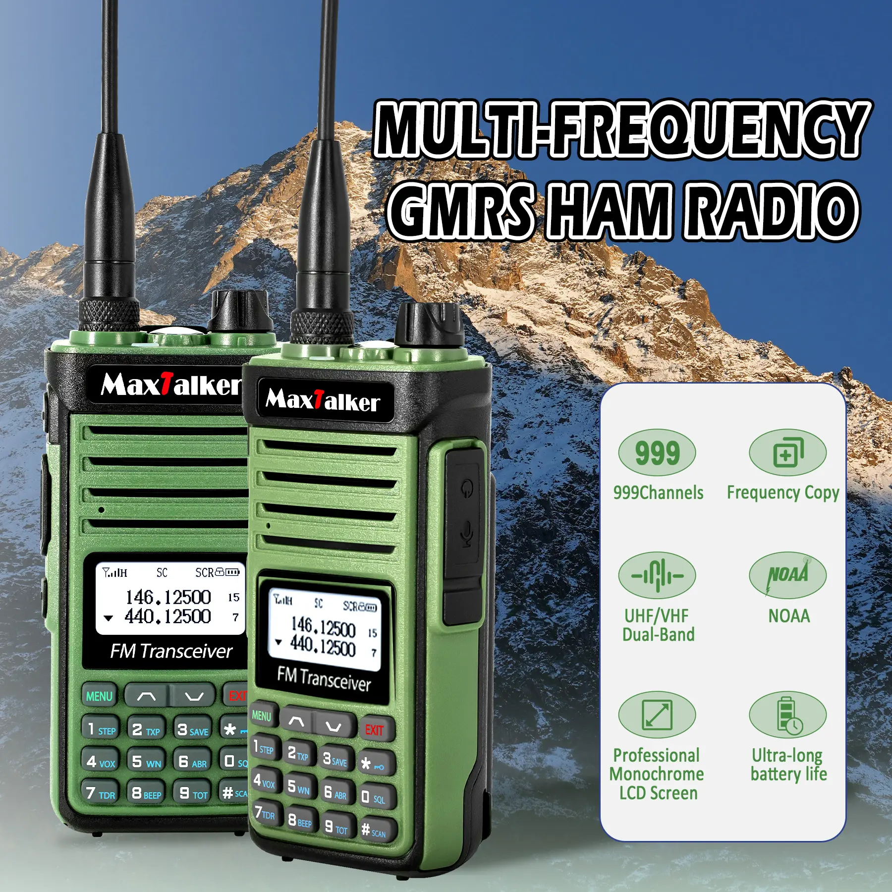 2pack MaxTaker Radio P15 Ham Radio 10W Long Range Handheld NOAA Weather Receiver 2200mAh Battery Rechargeable Walkie Talkies with Programming Cable,Type-C Charging