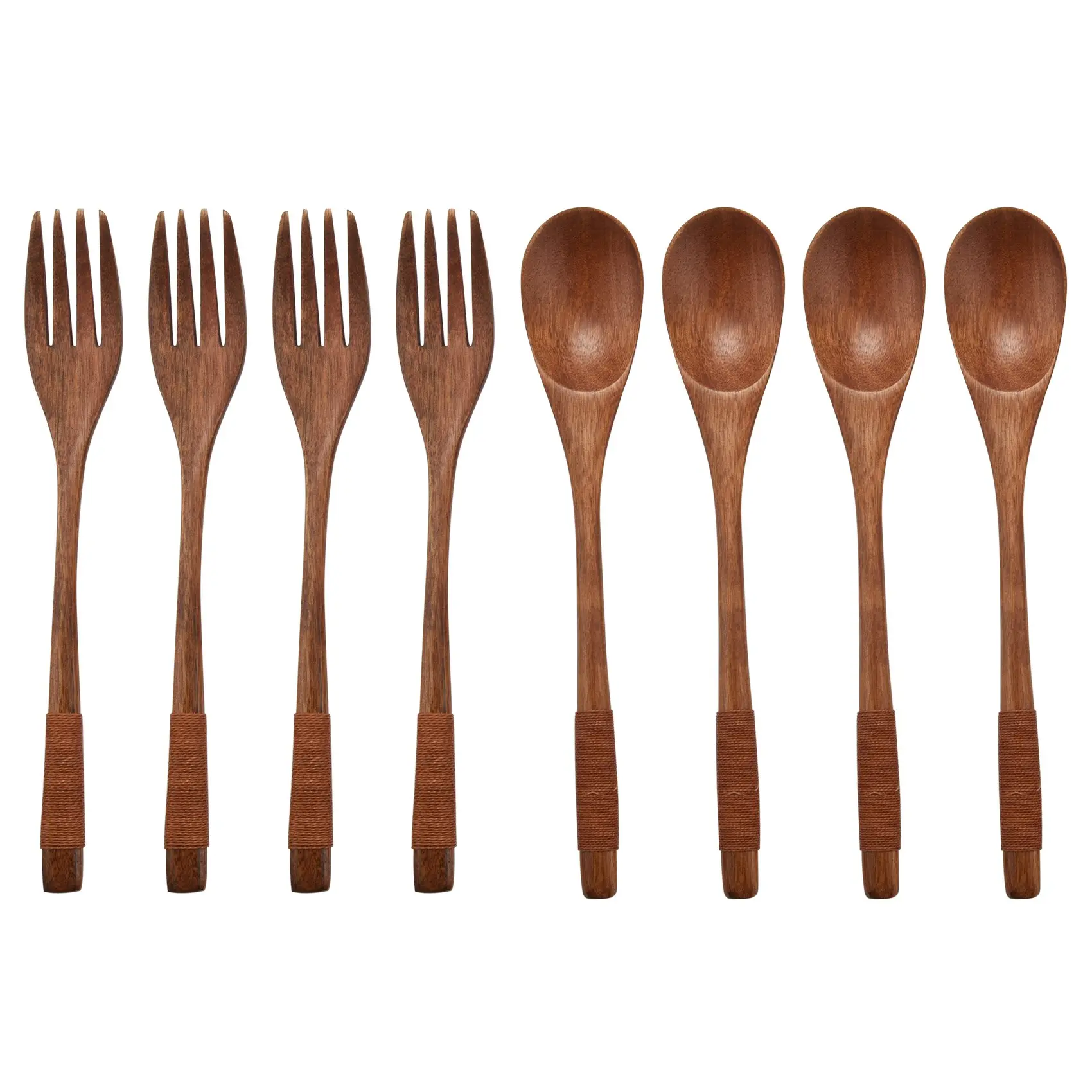 8-Piece Wooden Japanese Tableware Spoon and Fork Set, 9-in/22.5cm Household Kitchen Cutlery, Scratch-Safe Design, Natural Wear Resistance, Easy to Maintain