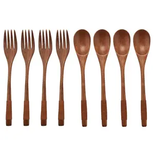 8-Piece 9-in Natural Wood Japanese Spoon and Fork Set, Kitchen Dinnerware Cutlery for Household Use