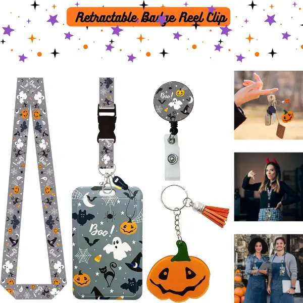 Retractable Lanyard with Breakaway Safety for ID Badges - Halloween Color Pumpkin Keychain