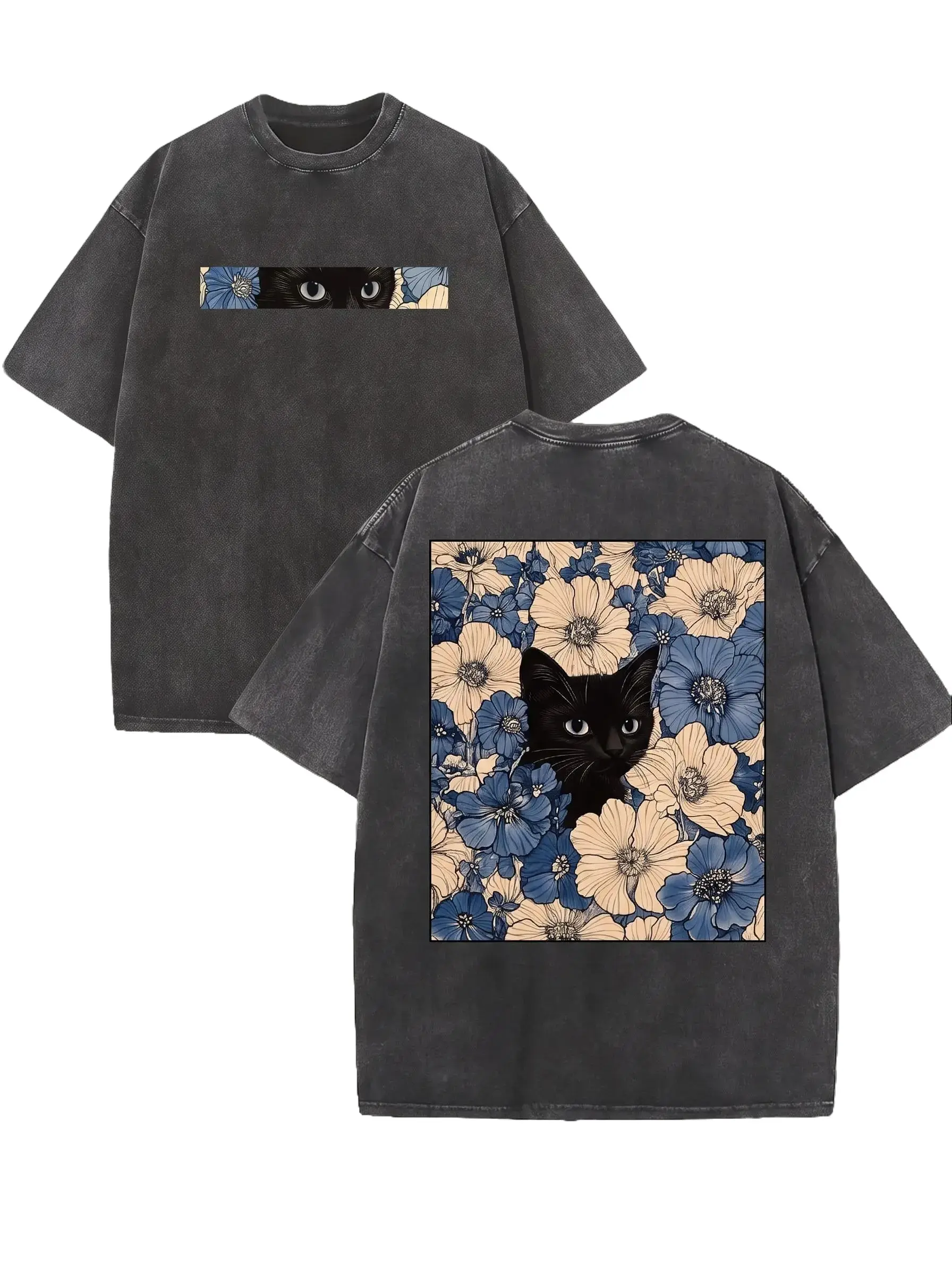 Men's Shortsleeve T-Shirt, Vintage Floral Feline Graphic, Acid Wash Baggy Oversized Top for Streetwear & Cargo Looks, Drape, Fabric, Cotton, Tshirt, Menswear, Casual, Distressed, Print, Tee, Boxy Loose, Vibrant Prints