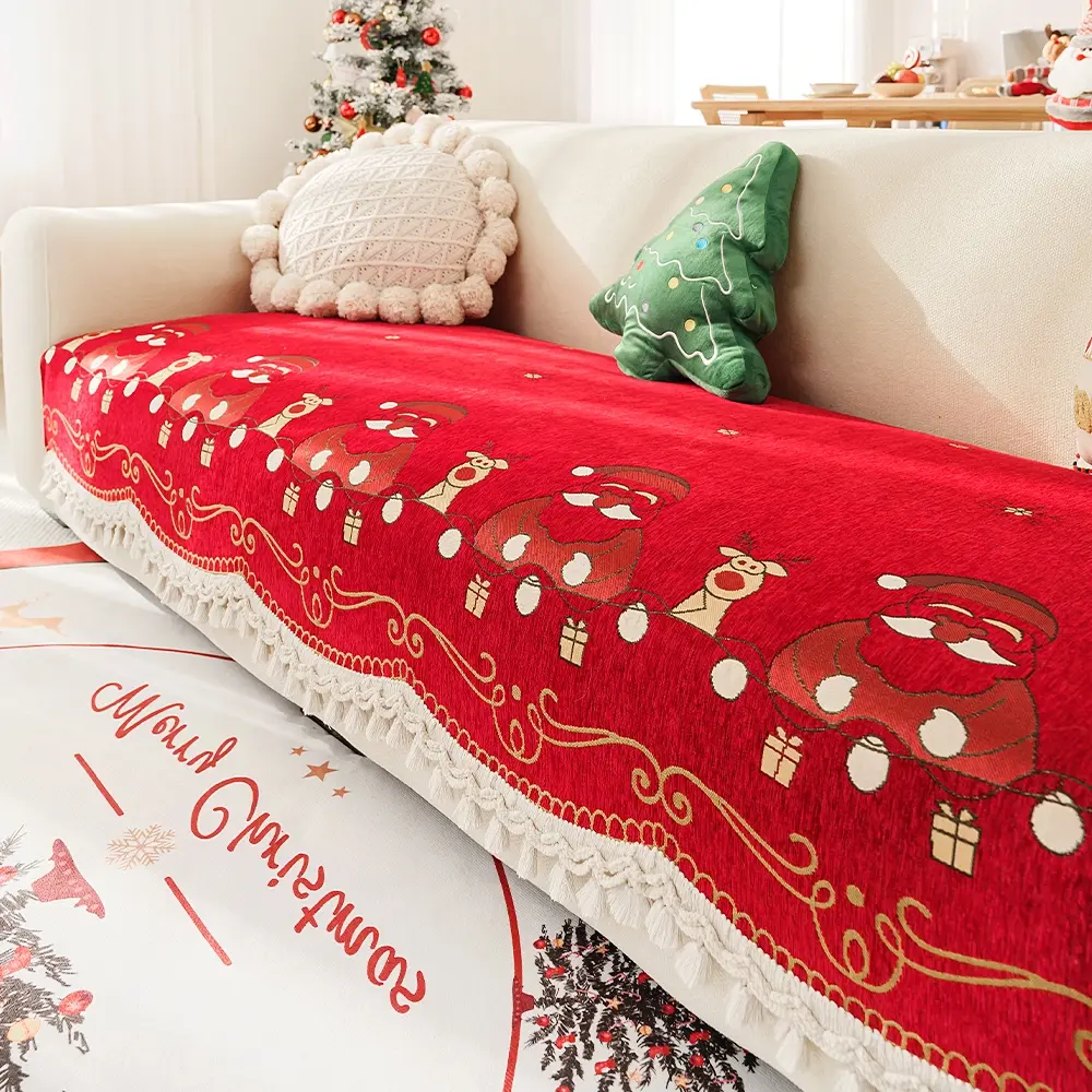 Christmas Santa Claus Sofa Cover with Tassels, Non-Slip Reindeer Design, Pet-Resistant, Fits 1-4 Seater Sofas, Home Decor, Universal Sofa Protector