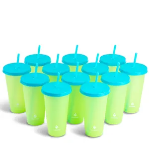 Lime Color-Changing Cup Set - 24-Piece Reusable Water Bottles with Lids