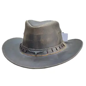 Durham Leather Cowboy Hat for Men & Women – Genuine Vintage Cowhide Western Outback Hat with Bull Head Band & Shapeable Brim