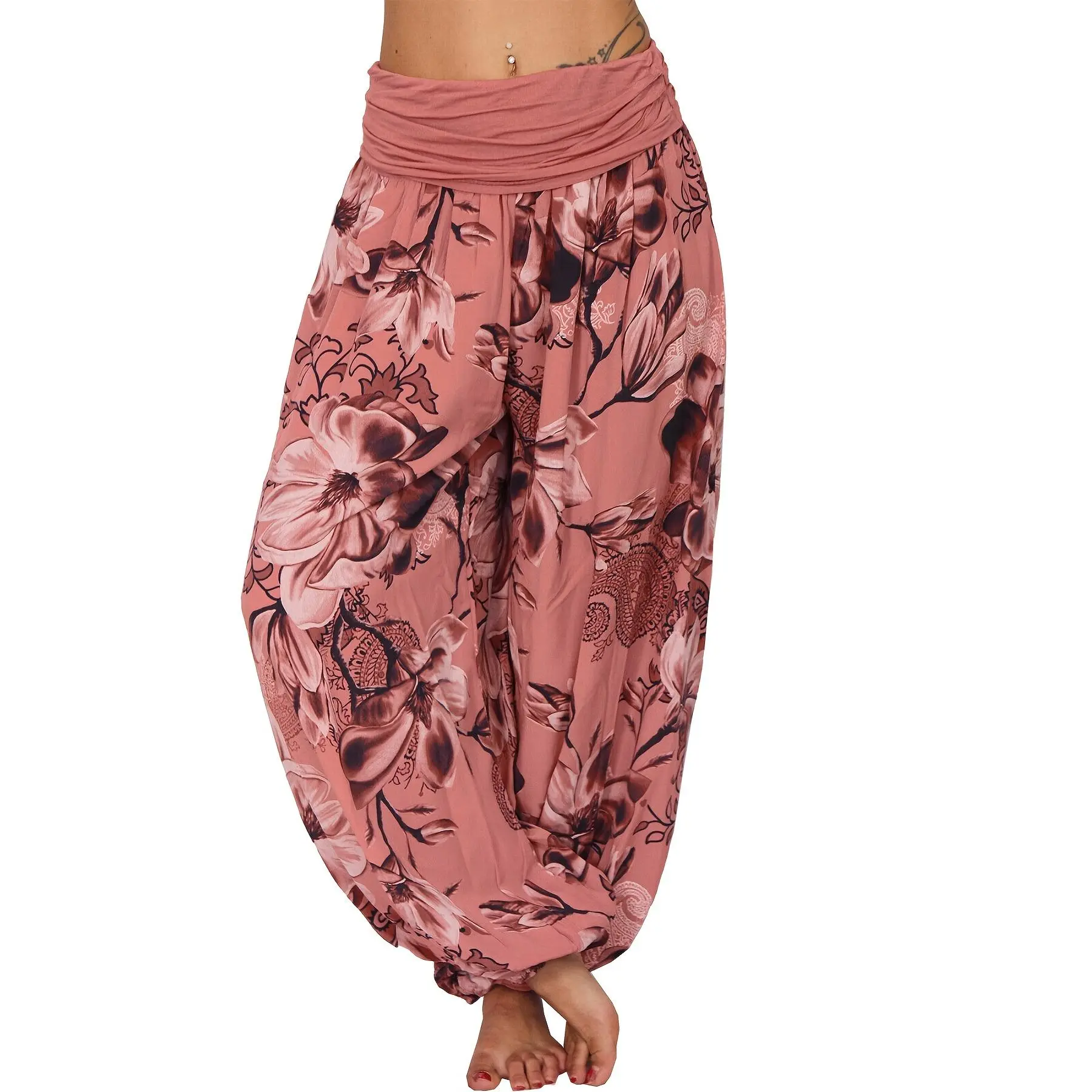 YYW1 Boho Floral Print Ruched Pants, Casual Bohemian Pants &, Women's Clothing, Women's Clothes, Clothes For Women