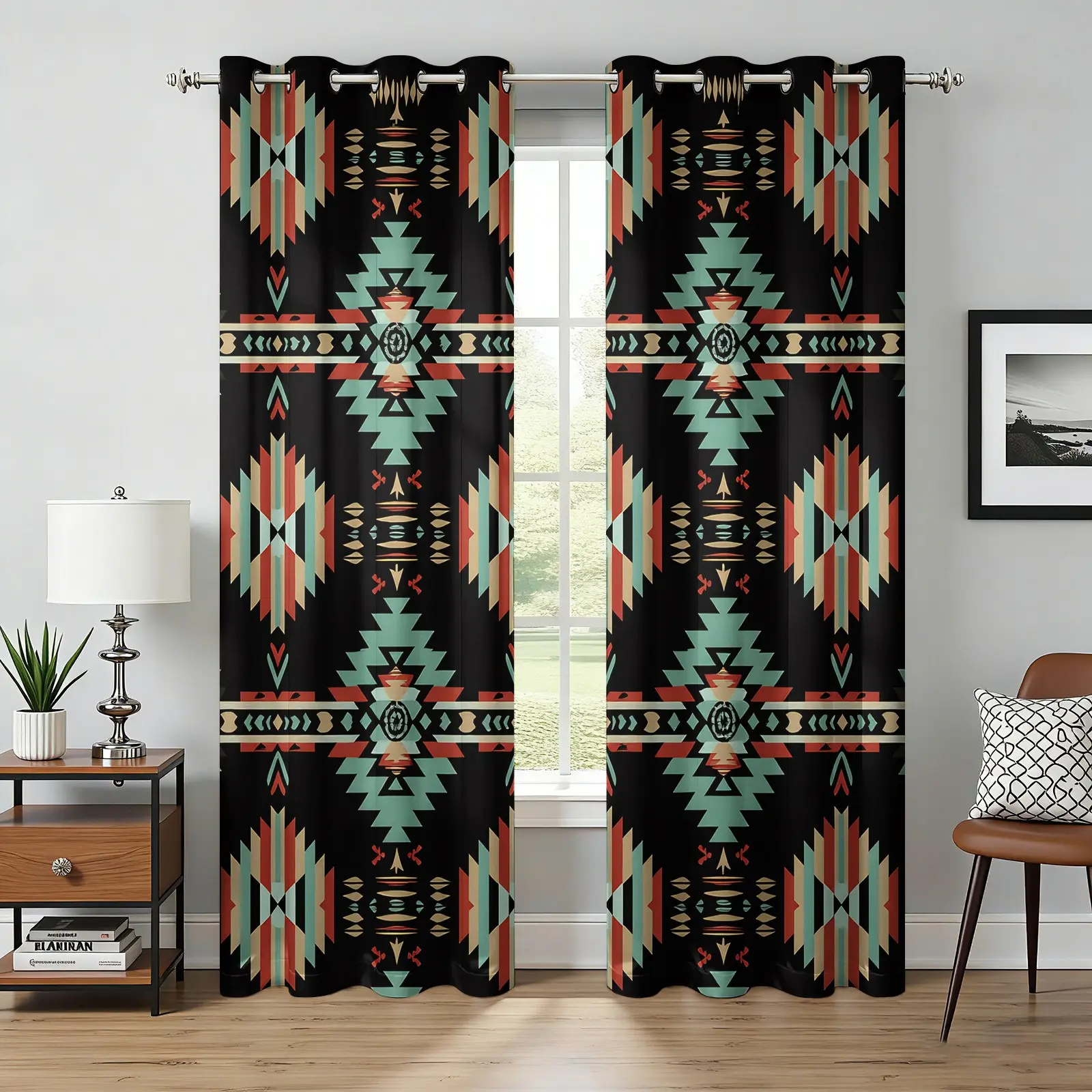 Western Tribal Aztec Blackout Curtains, Southwestern Geometric Print Thermal Insulated Window Curtains, Retro Native American Style Blackout Curtains, Light Blocking Thermal Curtains for Living Room Bedroom, Farmhouse Cabin Gift, Window Drapes