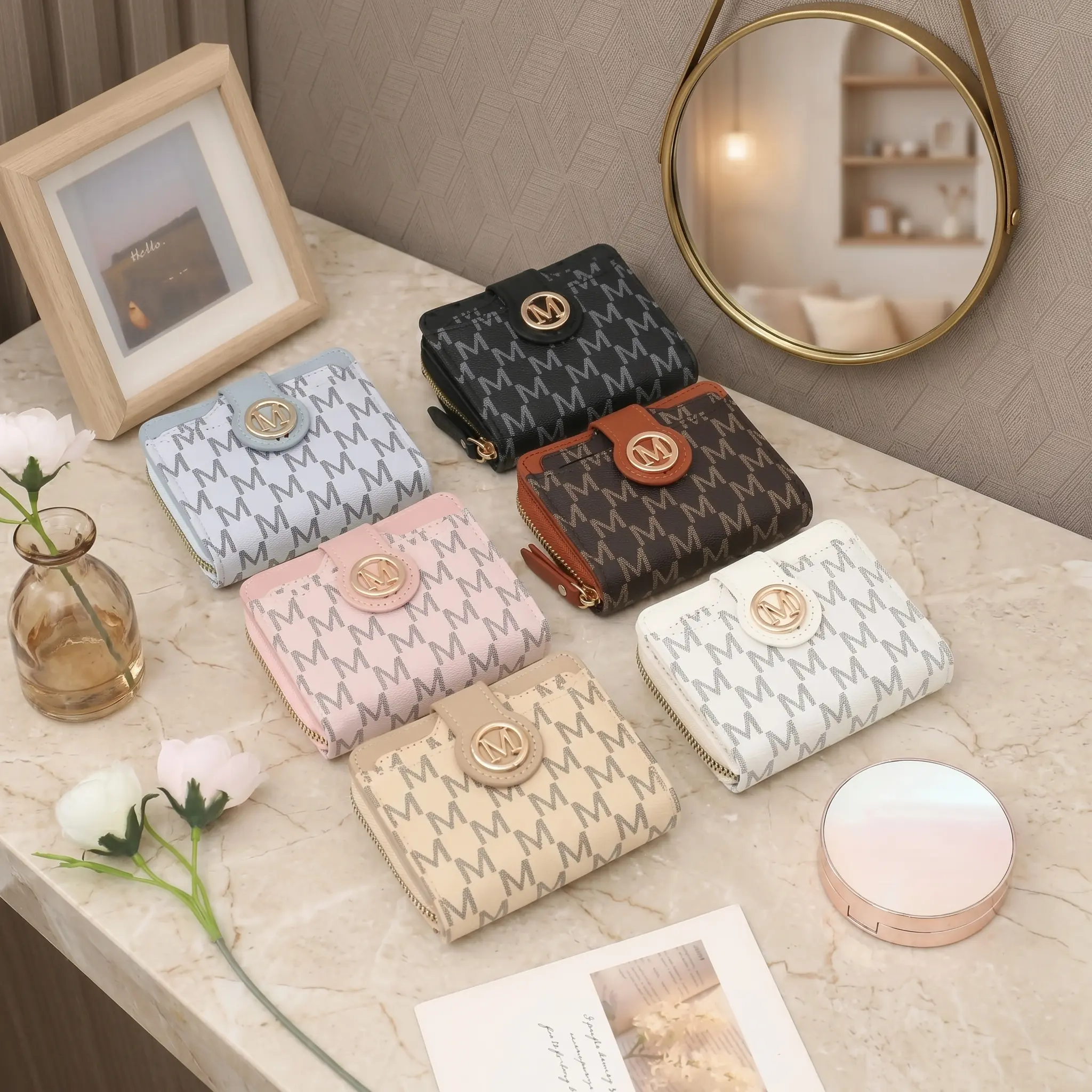 Ultra-Thin Women's Trifold Wallet with Wristband and Keychain, Small Portable Design with ID Window, Card Slots, and Zipper Coin Pocket