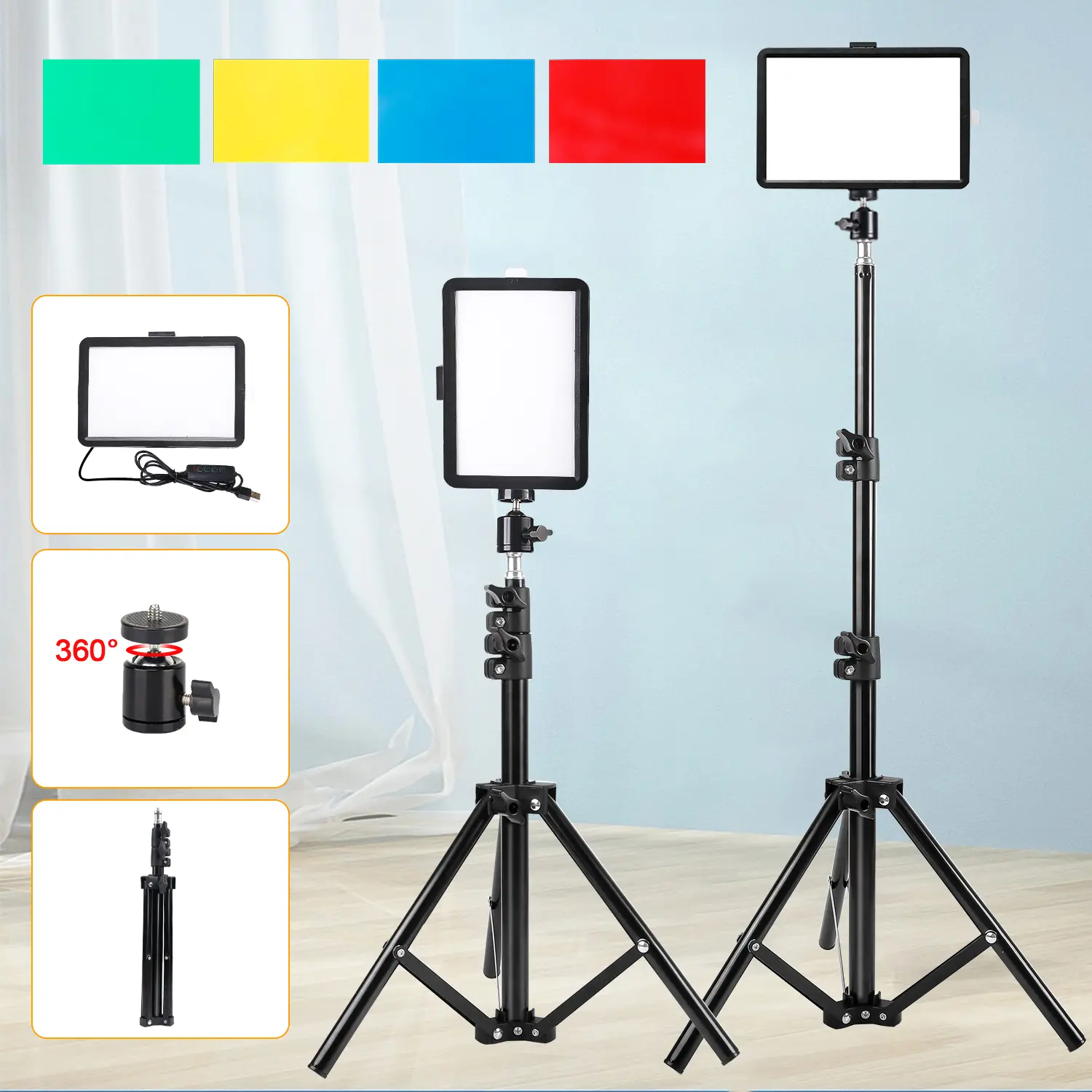 43.3" Portable Adjustable Tripod Stand with 8" 360  Swivel Rotatable LED Selfie Video Light, 4 Color Filters & Phone Holder for Live Streaming & Photography