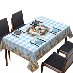 Spring Rabbit Wreath Tablecloth, Blue Plaid Aesthetic for Dining Table, Easter Party