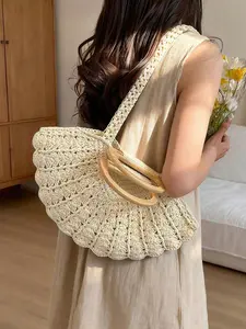 Lazy and gentle atmosphere, practical fan-shaped handbag with hollow texture design, Chic crossbody bag, simple and high-end casual versatile shoulder crossbody bag, suitable for outdoor travel, beach vacation, shopping.