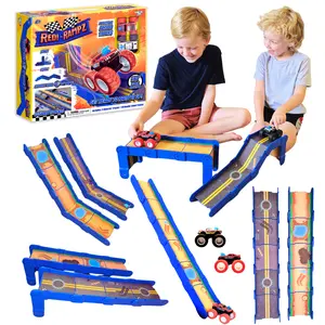 Redi-Rampz: Portable STEM Ramp Builder Set – 10 Modular Track Pieces with Adjustable Angles + 2 Monster Trucks | Build Custom Ramps, Bridges & Jumps (Ages 4+, No Batteries, Fits 1:64 Vehicles)