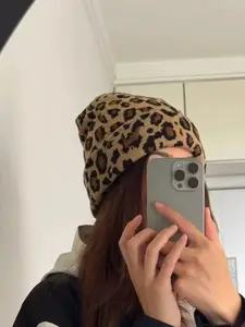 Boho Leopard Print Knit Beanie Hat, Couples Fall Winter Vintage Street Style, Warm Fitted Asymmetrical Design, Casual Fashion Cap, Knitted Hat