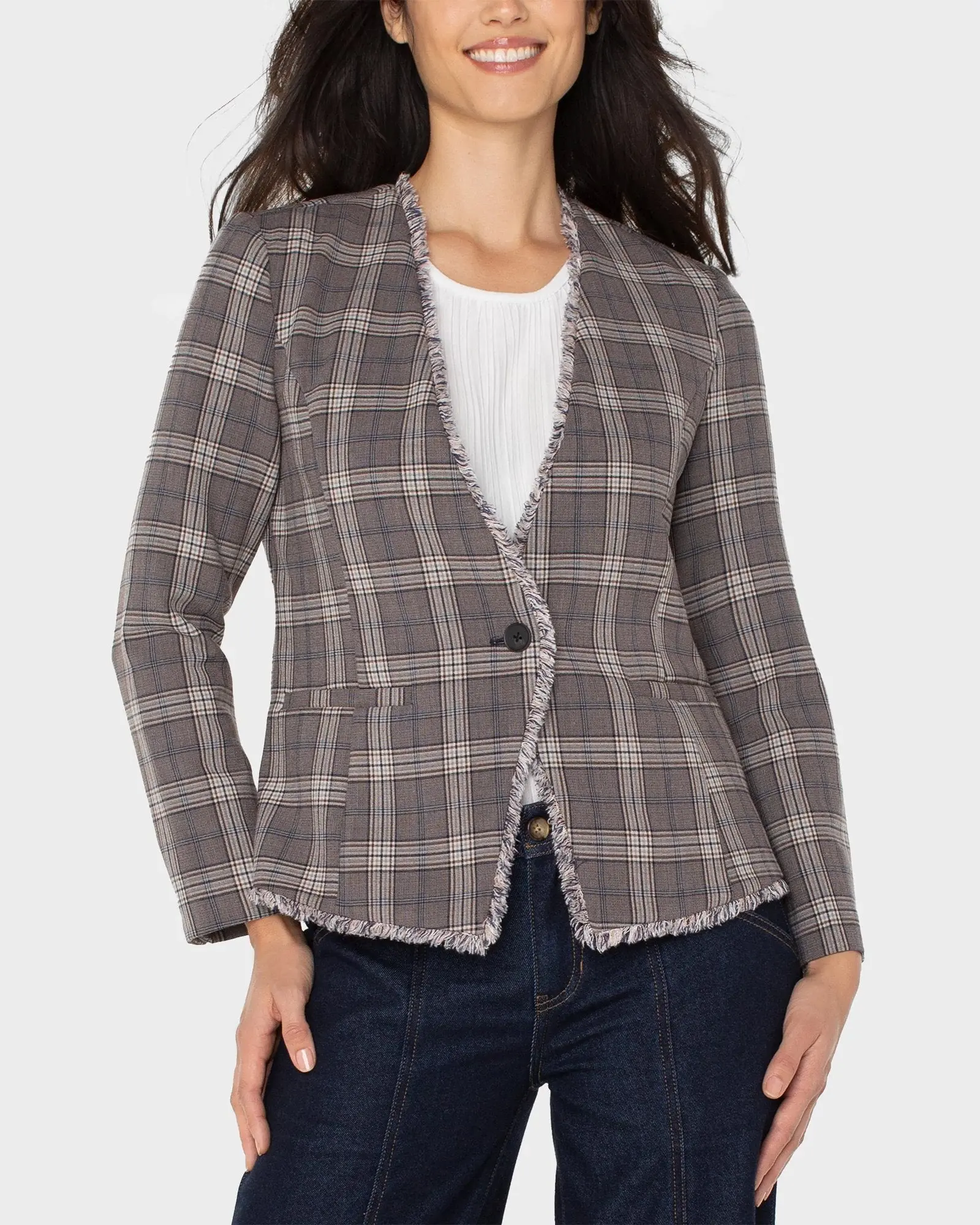 Collarless Fitted Blazer with Frayed