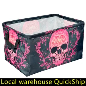 Halloween Laundry Basket - Extra-Large Foldable Storage Bin with Pink Skulls, Heavy-Duty Open-Top Organizer for Laundry, Bathroom, Kitchen - Gothic Home Decor Gift (Black Background), Contemporary Design, Reinforced Handles, Holiday Decorators, Shelf