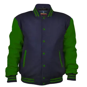 Deckra Women's Collared Baseball Varsity Jacket - Polyester-Wool-Leather Letterman Snap-Front Button Coats, Long-Sleeve Pocketed Casual Navy Blue/Green College Team Tops Clothes Outerwear