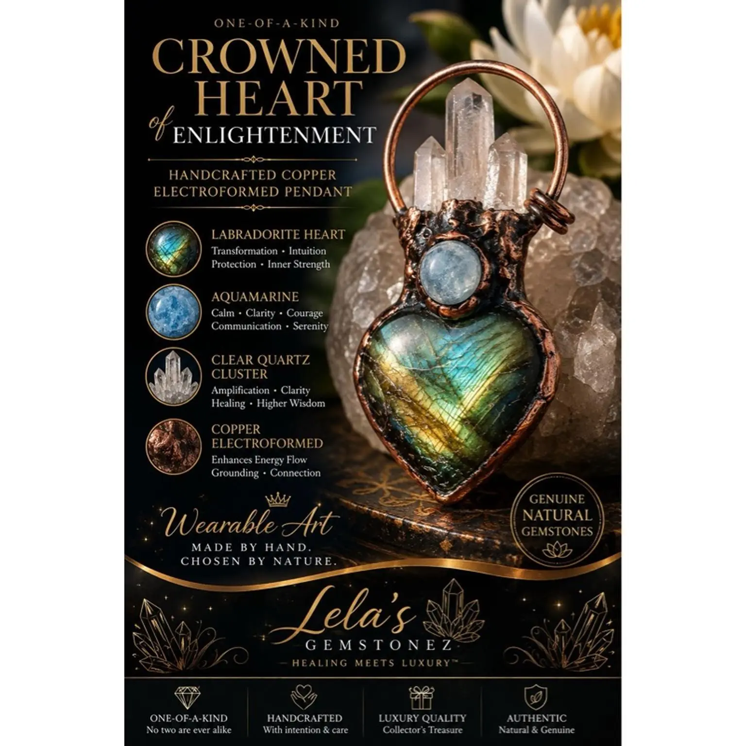 Lela's GemStoneZ Crowned Heart of Enlightenment Handcrafted Copper Electroformed Pendant with Natural Labradorite Aquamarine & Clear Quartz