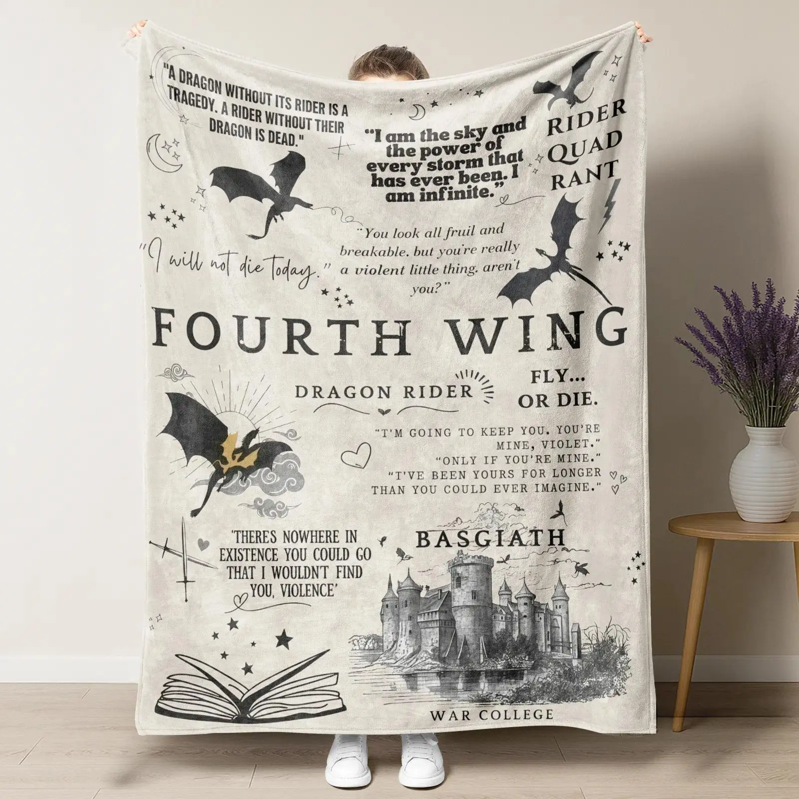 Fourth Wing Dragon Rider Quote Flannel Blanket Ultra Soft Throw with "Violence" & "You Are Unbreakable" Book Phrases, Cozy Gift for Fantasy Readers