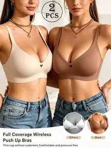 Women's Seamless Jelly Bra, Push-Up V-Neck Wireless Lingerie, Max Support, All Seasons, Casual Style, 1/2/4 Pieces Set