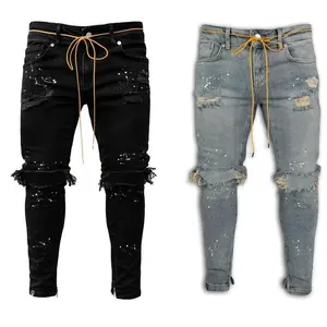 New Men's Slim Fit Ripped Ankle-Tied Pants New Men's Paint Jeans