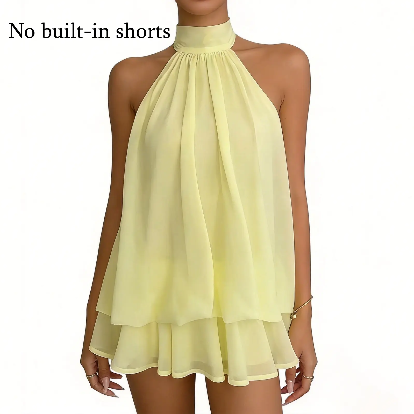 Women's Minimalist Solid Open-Back Halter Dress with Elegant Ruffle Hem, Casual All-Season Fashion Mini Dress