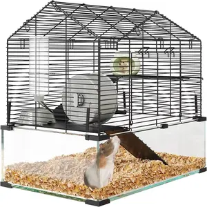 Acekool 3-Tier Large Hamster Cage, Metal & Glass Small Animal Habitat with Accessories, Transparent Cage for Guinea Pigs, Chinchillas, Hedgehogs