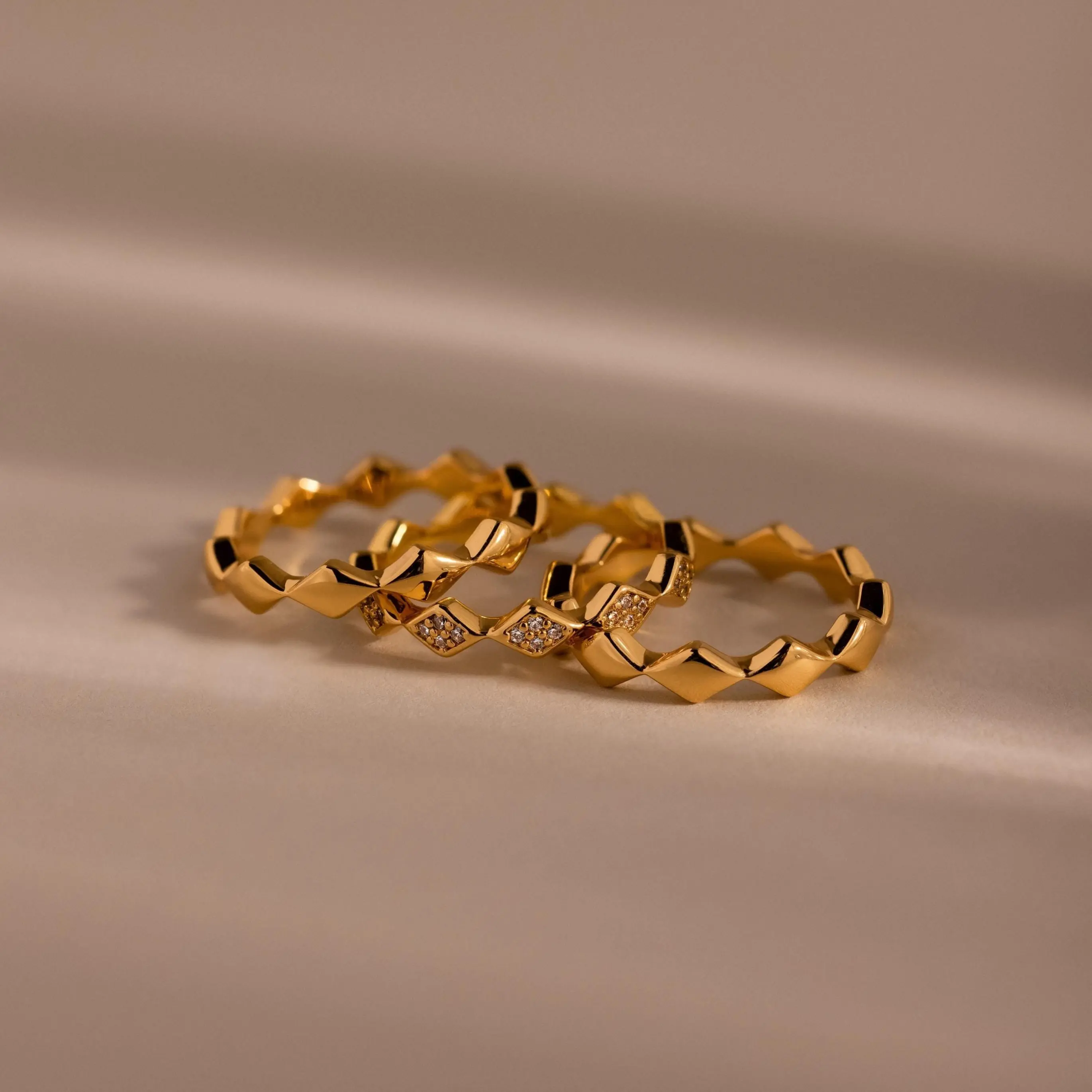 Diamond Wave Eternity Ring Set by Caitlyn Minimalist -  Set of 3 Curved Geometric Stacking Rings - Vintage 18K Gold Plated Stacking Rings - Statement Jewelry - Gift for Her