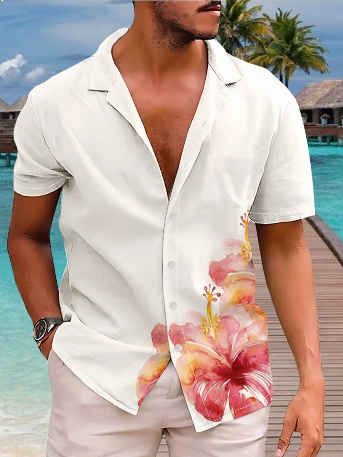 Summer Fashion Side Tropical Floral Print Hawaiian Vacation Collared Shirt, Casual Loose Fit Slimming Holiday Top, Soft Skin-Friendly Polyester Fabric, Beach Resort Wear, Casual Beach Shirts, Limited-time holiday offers, fast shipping, Menswear