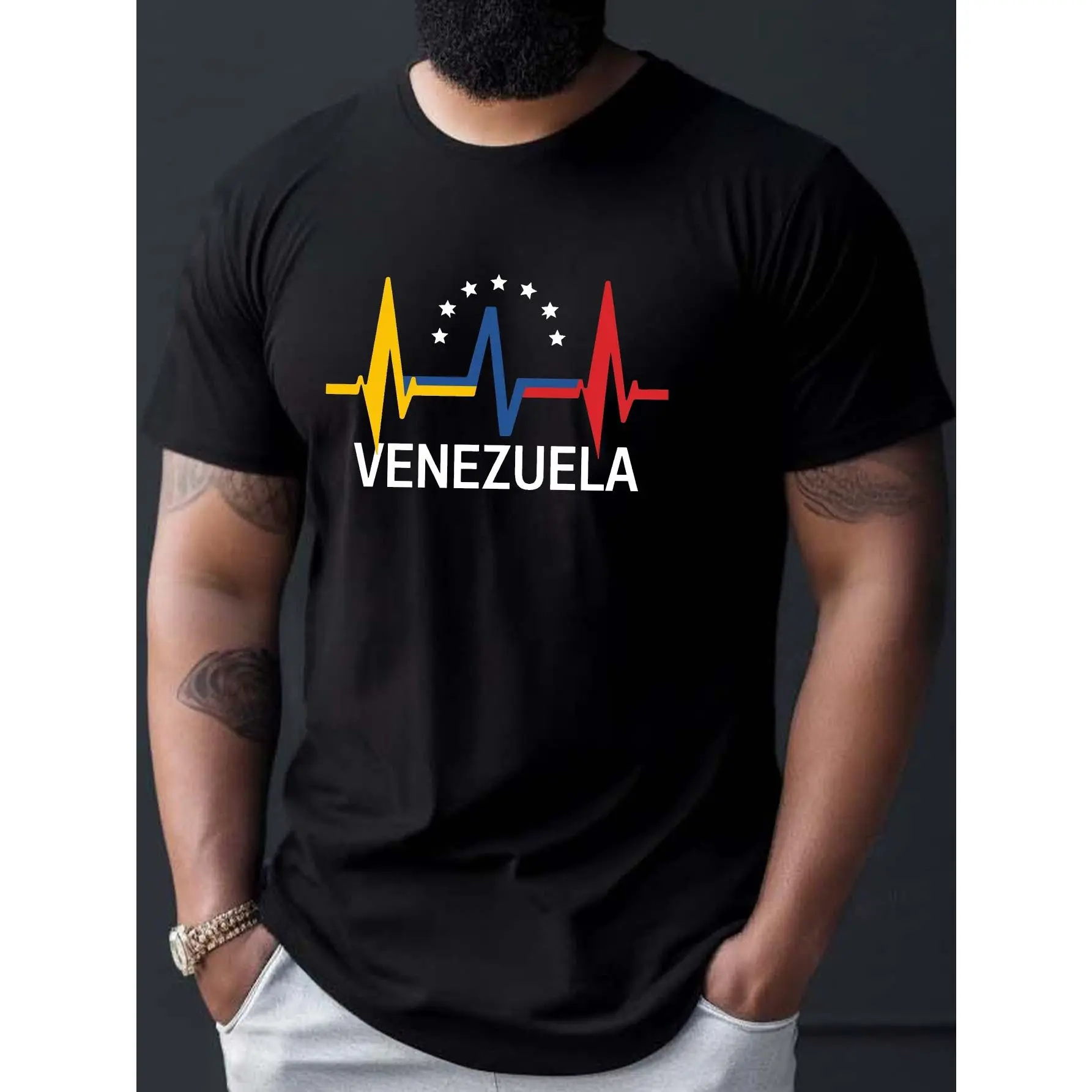 Men's Venezuela Heartbeat Graphic T-shirt, Casual Round Neck Streetwear in 100% Cotton Knit with Short Sleeves for Summer, Top