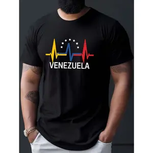 Venezuela Heartbeat Pattern Cotton T-shirt for Men - 1 Piece Casual Round Neck, Comfortable for Daily Wear, Perfect for Summer