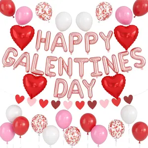 Happy Galentine's Day Decorations,Pink Red White Happy Galentines Day Balloons Banner Set with Heart Foil Balloons for Girls Ladies Galentines Valentine's Day Theme Party Decorations